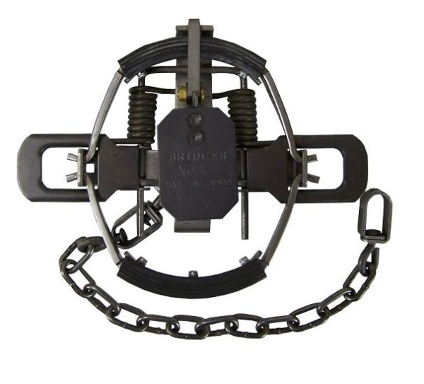 Bridger #1.65 Rubber Jaw Trap, central plate "Bridger No. 5 Japan," with an attached chain.