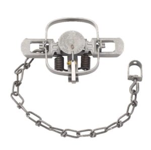 Duke #1 Coil Spring Trap with round plate, springs, and long chain for effective animal trapping.