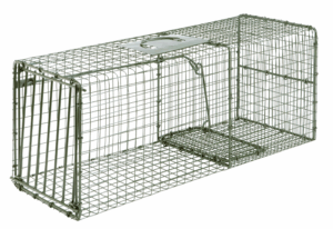 The Duke Cage Trap Model 1112 is a rectangular metal wire trap with a top handle and front door mechanism.