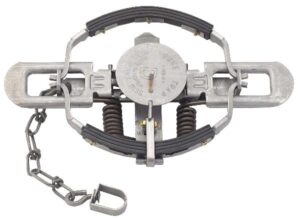 Duke #3 Rubber Jaw Coil Spring Trap features circular jaws, springs, and a side chain for secure animal capture.