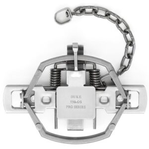 Duke 550 Pro Series Coil Spring Trap - Offset MT388 with chain and spring, isolated on white background.