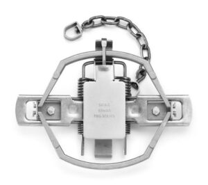 Duke 650 OS Pro Series Coil Spring Trap MT389 features a metal animal trap with a chain and rectangular central plate.