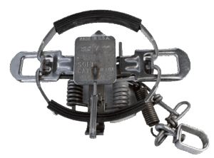 The Oneida Victor #1-1/2 Soft Catch Coil Spring Trap includes two springs, a round trigger plate, and an attached chain.