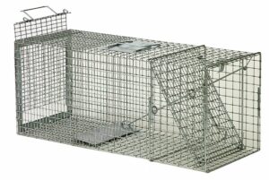 The Safeguard Box Trap #52830 is a metal wire cage with a swinging door and a flat release handle on top.