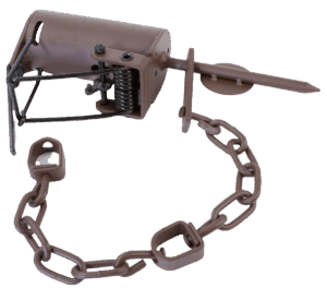 A metal trap named Push Pull Z Trap with a spring mechanism and chain.