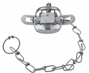 The Wolf Creek #1 Double Jaw Eliminator Trap features a spring mechanism and long chain on a white background.