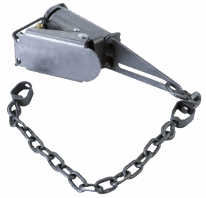 Freedom FB1 Dog Proof Raccoon Trap with a chain and two shackles on a pristine white background.