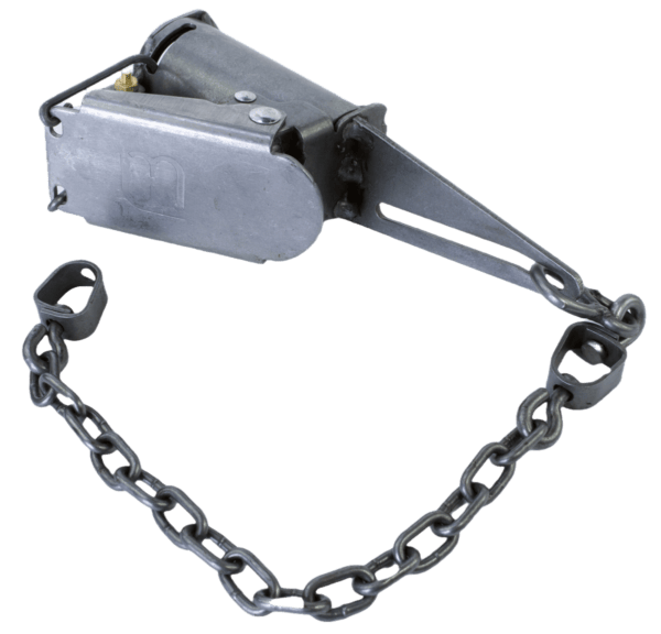 Freedom FB1 Dog Proof Raccoon Trap with a chain and two shackles on a pristine white background.